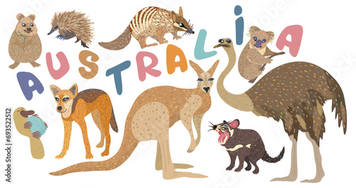 Vector set of cute australian animals with lettering.