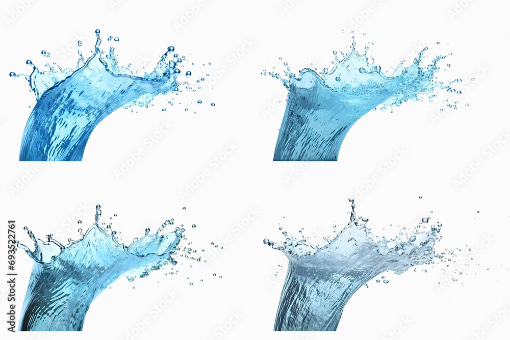 Set of four splashes of blue water on white background