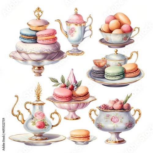 high detailed afternoon tea set drawing in pastel color watercolor painting