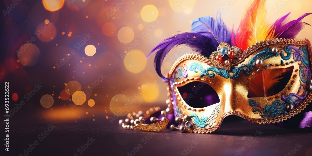Carnival party. Venetian mask on bokeh background, banner. 