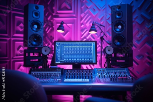 Modern recording studio with lighting 2 colors blue and pink, modern equipment, microphone, mixer, dbx photo