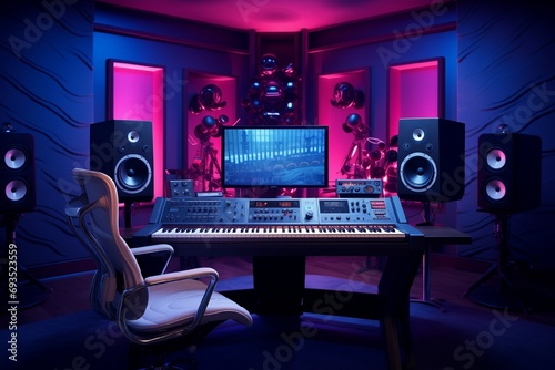 Modern recording studio with lighting 2 colors blue and pink, modern equipment, microphone, mixer, dbx