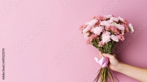 Close up cropped photo of male hold in hands bouquet of flowers isolated on pastel pink wall background. Copy space advertising mock up. Valentine's Day Women's Day birthday holiday party concept