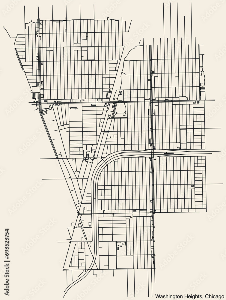 Fototapeta premium Detailed hand drawn navigational urban street roads map of the WASHINGTON HEIGHTS COMMUNITY AREA of the American city of CHICAGO, ILLINOIS with vivid road lines and name tag on solid background