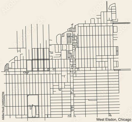 Detailed hand drawn navigational urban street roads map of the WEST ELSDON COMMUNITY AREA of the American city of CHICAGO, ILLINOIS with vivid road lines and name tag on solid background photo