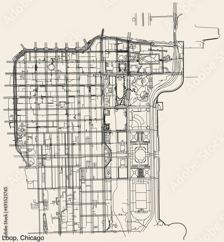 Detailed hand drawn navigational urban street roads map of the THE LOOP COMMUNITY AREA of the American city of CHICAGO, ILLINOIS with vivid road lines and name tag on solid background