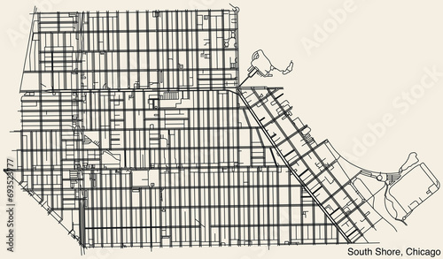 Detailed hand drawn navigational urban street roads map of the SOUTH SHORE COMMUNITY AREA of the American city of CHICAGO, ILLINOIS with vivid road lines and name tag on solid background