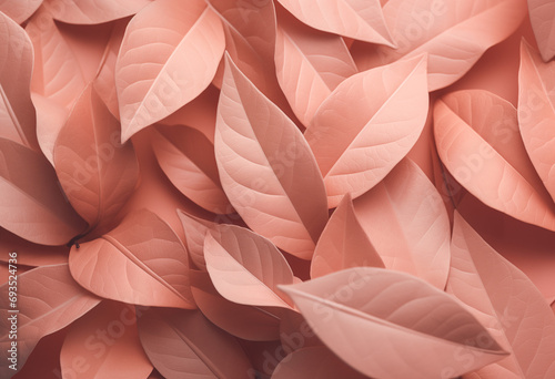 Peach leaves close up. Background in peach fuzz color