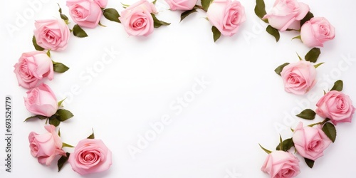 Decorative frame with pink bright roses on white background. Flat lay