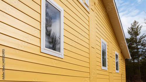 Close-up yellow texture vinyl siding for exterior roof or house wall. Exterior cottage trim with water repellent panel siding. Goods for repair, construction store. photo