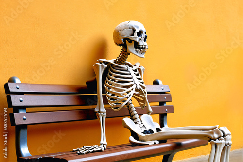 A person sitting down on a bench turns into skeleton waiting for someone too long. Concept for long waiting time, slow service, lateness, failed appointments, stood up, abandoned, alone, no one came. photo