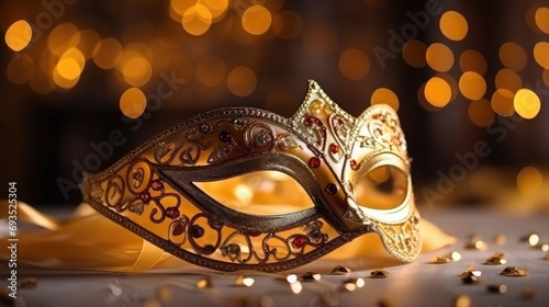 Detailed view of a mask for masquerade on a table illuminated by light, with background intentionally blurred 