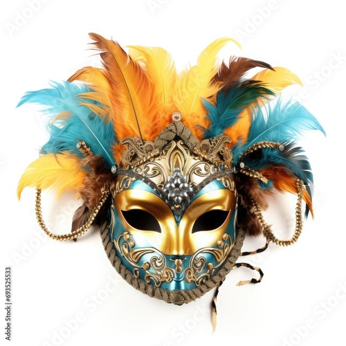 Elaborate feathered masquerade mask, hinting at mystery and allure, isolated on white background.  © sambath