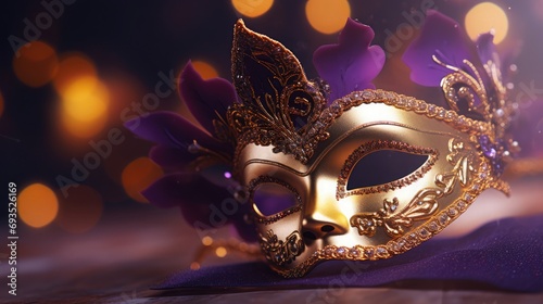 Golden Carnival mask on purple background with sparkles. Blurred effect. 