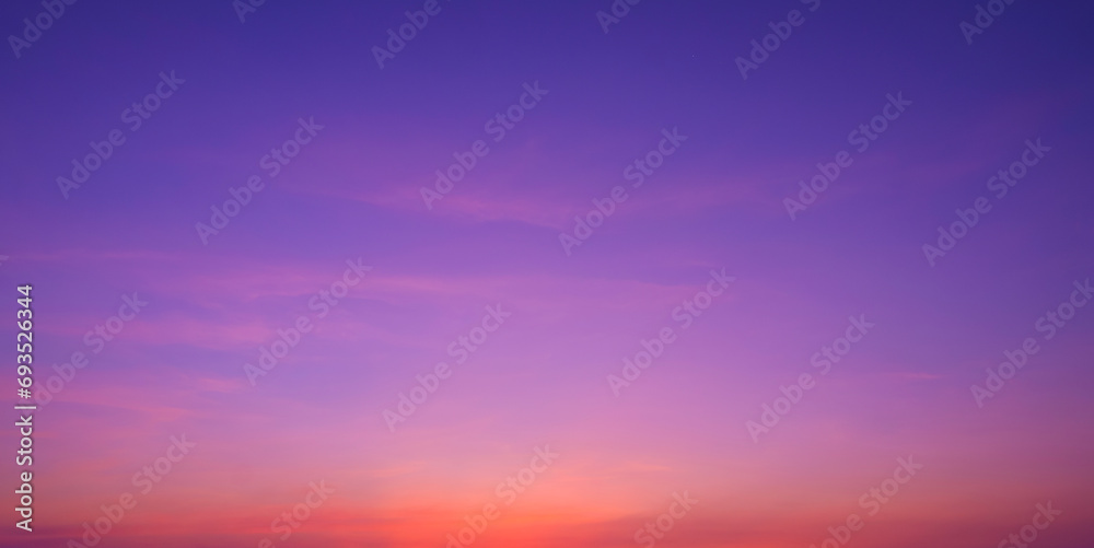 Colorful romantic twilight sky with beautiful pink sunset cloud and orange sunlight on dark blue sky after sundown in evening time, idyllic peaceful nature panoramic background - obrazy, fototapety, plakaty 