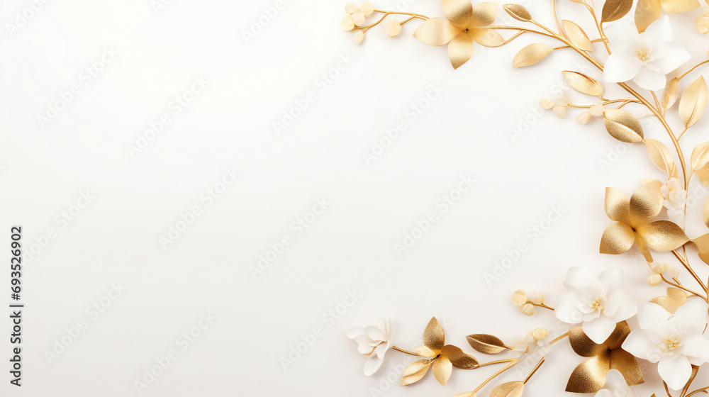 Gold Minimalist Flowers Frame Banner with empty copy space in the middle. Generative AI. Gold Minimalist Flowers Frame Banner with empty copy space in the middle. Generative AI.