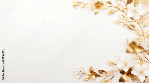 Gold Minimalist Flowers Frame Banner with empty copy space in the middle. Generative AI.