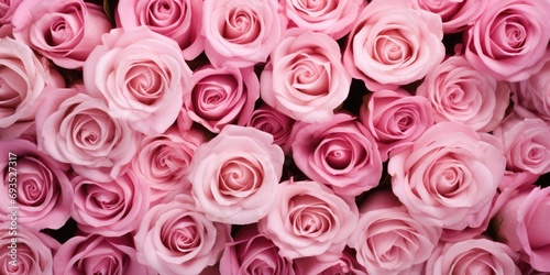 Natural fresh pink roses flowers full background  Top view