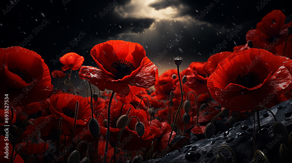 red poppy flowers against a dramatic black sky - obrazy, fototapety, plakaty 