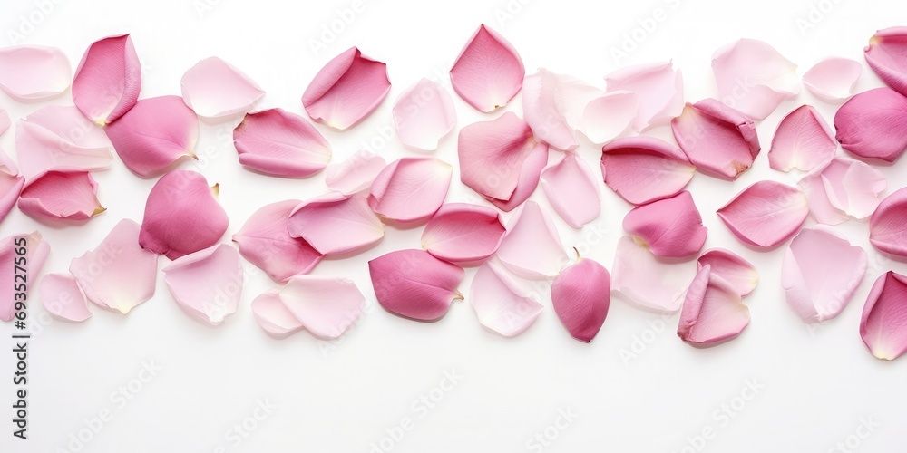 Pink rose petals and leaves on white surface, in the style of decorative borders, subtle elegance, nostalgiacore, high resolution, hannah flowers 