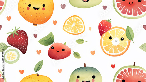 Cute fruit characters watercolor seamless patternon white background photo