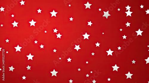 Festive atmosphere with white stars on a red background. Holiday seamless pattern. Christmas star. Stars pattern for gift paper, fabric, clothing, textiles, surface texture, cardboard. New Year.