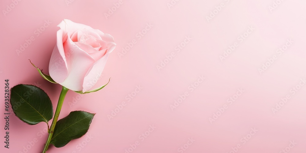 Rose on plain minimalistic pink background, flat lay, pastel color, copy space, type space, space for typing, happy birthday, valentines day, mother day Rose on plain minimalistic pink background, flat lay, pastel color, copy space, type space, space for typing, happy birthday, valentines day, mother day