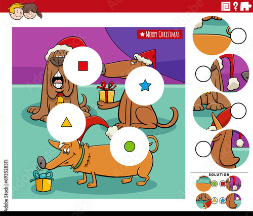 match the pieces activity with cartoon dogs on Christmas