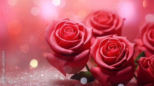 Red roses close-up on a pink bokeh background, romantic greeting card, copy space for text.