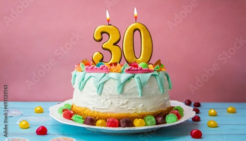 birthday colorful cake on a 30 years decorated with colorful sweets topper number thirty on a pink background copy space generative ai