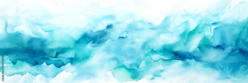 Obraz premium Alcohol Ink Painting, Abstract Painting In Blue And Green Tones, Ambient Turquoise Light, Flowing Aqua Silk, Blue Mist, Flowing Silk, Dynamic Pearlescent Wallpaper. Horizontal Watercolor Painting.