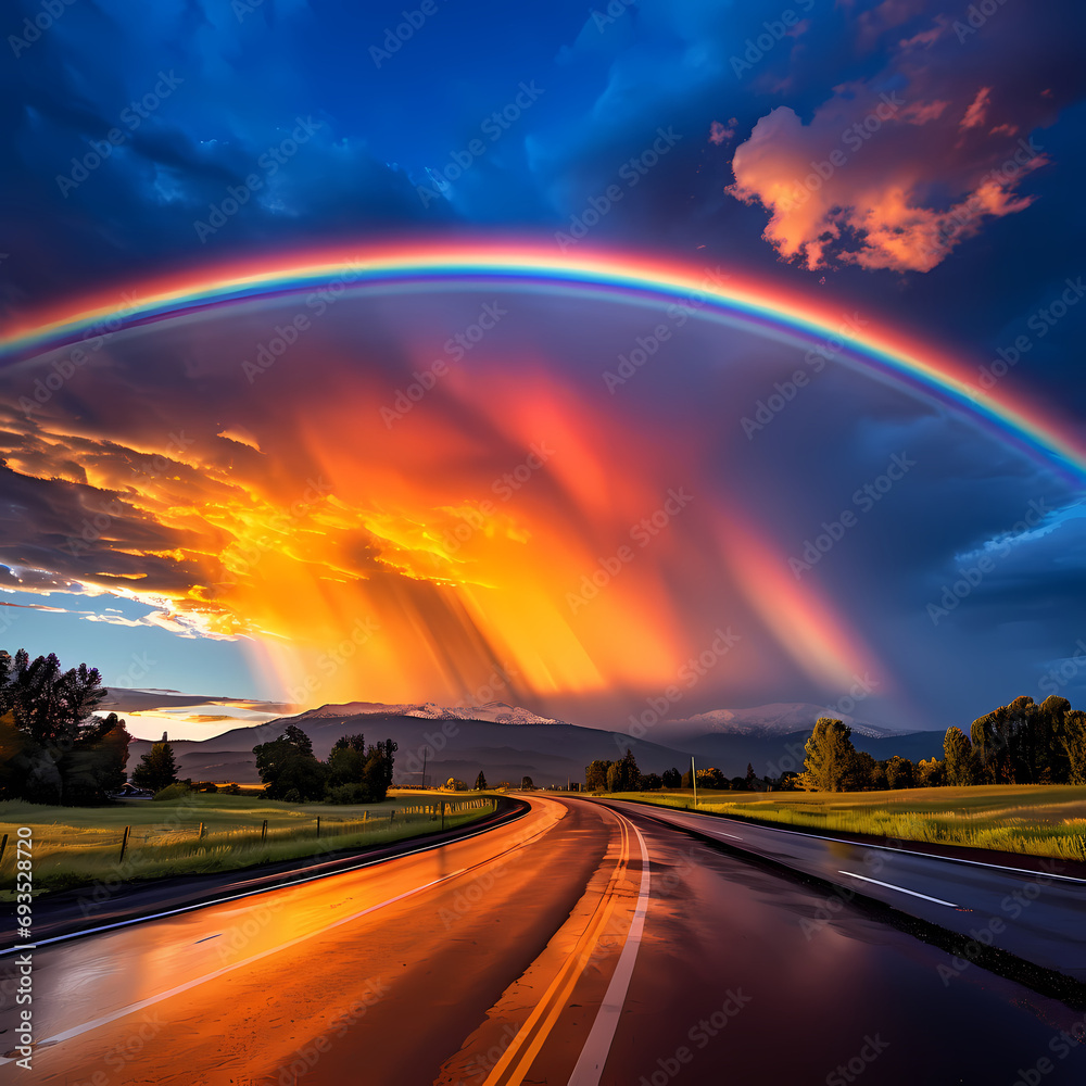 A vibrant rainbow stretching across the sky after a passing storm