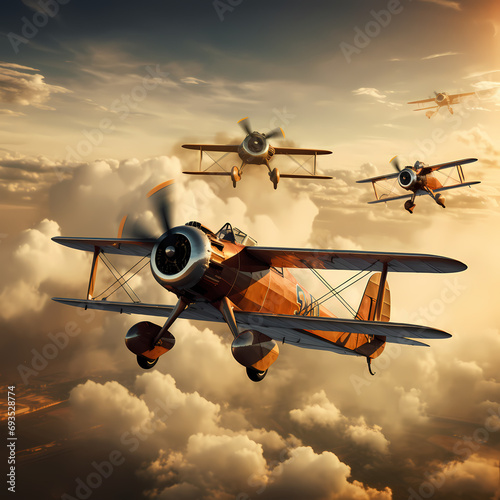 Vintage biplanes performing aerobatic stunts in the sky © Cao