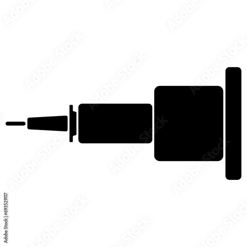 Horizontal CNC machine spindle with drill tool black icon isolated on white background.
