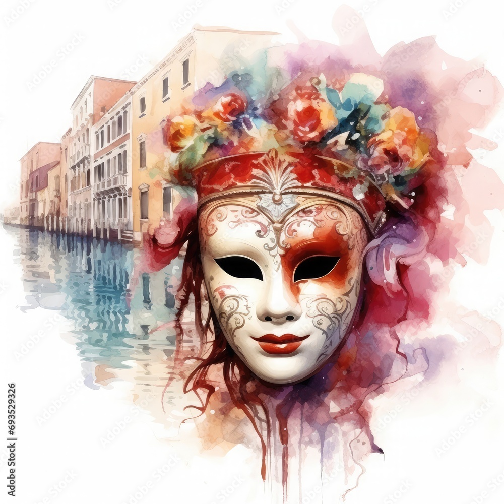 Venice italian mask, deep colors, white background, watercolor illustration style, 8k, illustration, detailed, 