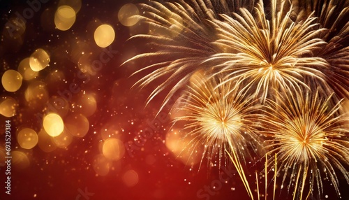festive golden fireworks on a red background with bokeh text space