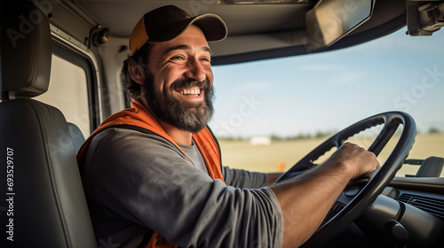 A cheerful driver sits in the cab of a modern truck enjoying the open road and the freedom