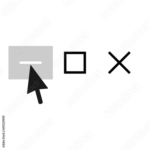 Black cursor on squared minimize icon with maximize and close x next to it, isolated on white background.