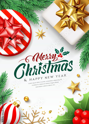 Merry christmas and happy new year  gift box gold and red ribbon  ornaments poster flyer design on white background  EPS10 vector illustration 