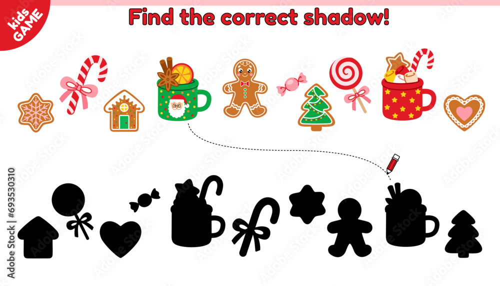 Kids Christmas game. Find the correct shadow. Educational puzzle for children. Cartoon gingerbread man, candy, cocoa mugs with marshmallow and cinnamon. Activity book with Xmas sweets. New Year vector Kids Christmas game. Find the correct shadow. Educational puzzle for children. Cartoon gingerbread man, candy, cocoa mugs with marshmallow and cinnamon. Activity book with Xmas sweets. New Year vector