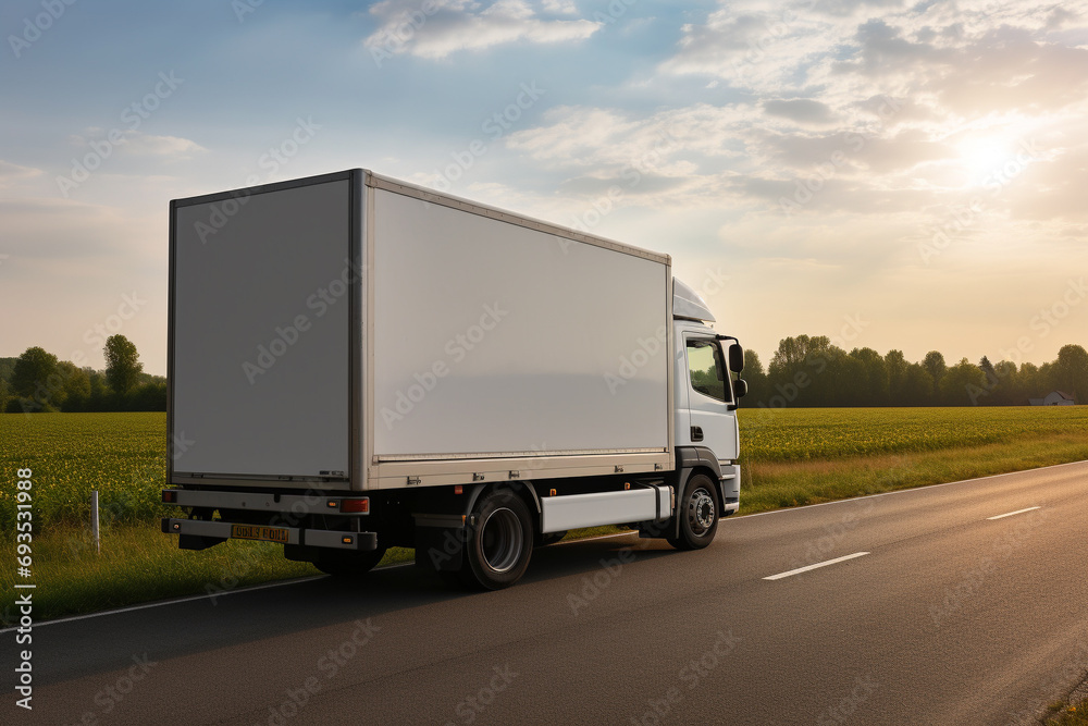 A white cargo van with a white blank empty trailer for ad on A white cargo van with a white blank empty trailer for ad on