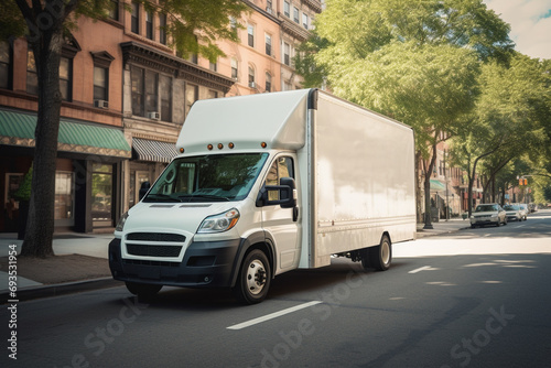A white cargo van with a white blank empty trailer for ad on