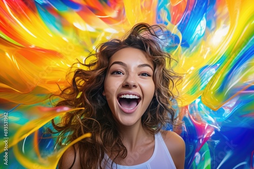 On a colorful, multicolored saturated wave-shaped background. The girl expresses surprise and delight.
