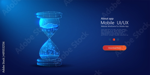 Digital Hourglass Concept with Luminous Sand - Time Management in Technology Era Illustration. Low poly wireframe sandglass looks like constellation on dark blue background. Vector