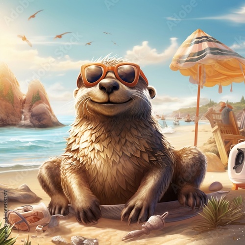 Foca con occhiale da sole sorride felice seduta sulla spiaggia. Foto vettoriale creata con fantasia photo