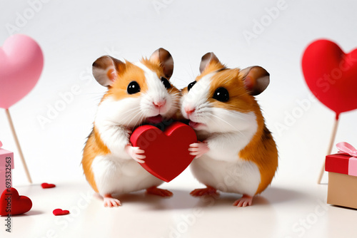 Cute couple hamster in love celebrating Valentine's Day with a gift, simple white background, cartoon style