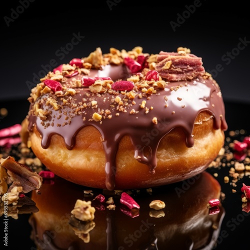 Decadent Doughnut Delight: A Visual Feast of Irresistible Sweetness, Captured Against a Chic Black Backdrop, Elevating Gourmet Indulgence in Exquisite Food Photography