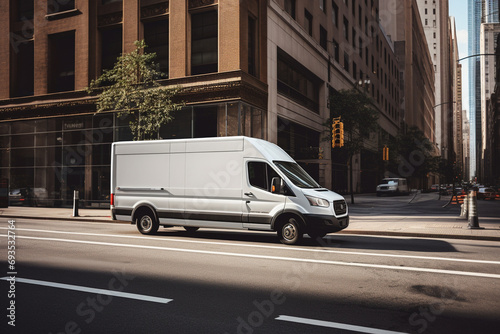 real photo of a white cargo van with a white blank empty trailer for ad on a New York street. driving in motion.. --ar 3:2 --style raw --v 5.2 Job ID: e6bdce94-7a12-415a-8d8e-a4c9f79973af