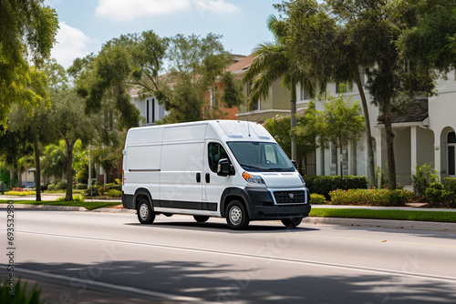 real photo of a white cargo van with a white blank empty trailer for ad on a Florida condominium street. driving in motion.. --ar 3:2 --style raw --v 5.2 Job ID: 78179941-383d-48b0-a813-3baff3e73738