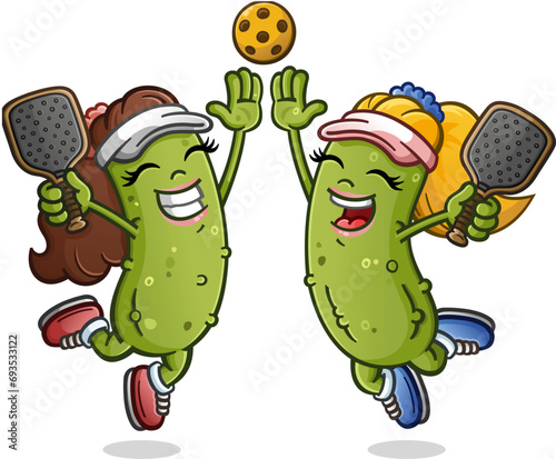Two pickle girl cartoon characters jumping and giving an enthusiastic high five and holding rackets after winning the big pickleball match against some heated rivals